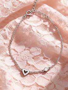1 chiếc vòng tay hình trái tim rỗng lãng mạn bằng bạc Sterling S925, trang sức hình trái tim tối giản, tinh tế, cá tính dành cho nữ, đính đá lấp lánh, thích hợp đeo hàng ngày, món quà ngọt ngào và đa năng. - Yêu - Xem 3