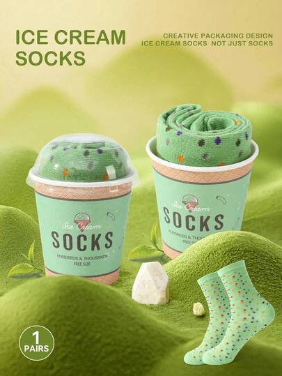 1 Pair Of Incredibly Cost-Effective Multicolor Mid-Calf Gift Socks, Available In Men's Styles, Couple Gift Box Set, Soft And Novelty Ice Cream Socks, Whimsical Food-Inspired Creative Design, Comfortable And Versatile, Suitable As Birthday Gifts