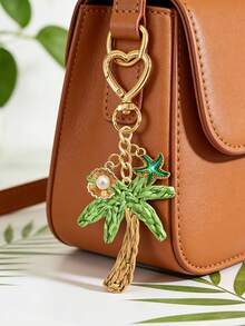 Handmade Grass Coconut Tree Pendant With Shell And Starfish Elements - Bohemian Vacation Style. Raffia Art Pendant, Ocean Alloy Pendant, Hawaiian Style. Suitable For Backpack, Wallet Decoration, Headphone Bag Accessories - Multicolor - View 4
