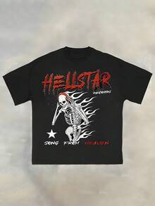 HELL STAR Crew Neck T Shirt 100 Percent Cotton Heavyweight 250g Y2K Skeleton Flame Music Print Soft Breathable Summer 2026 New Unisex Gift For Him - 黑色 - 查看 1