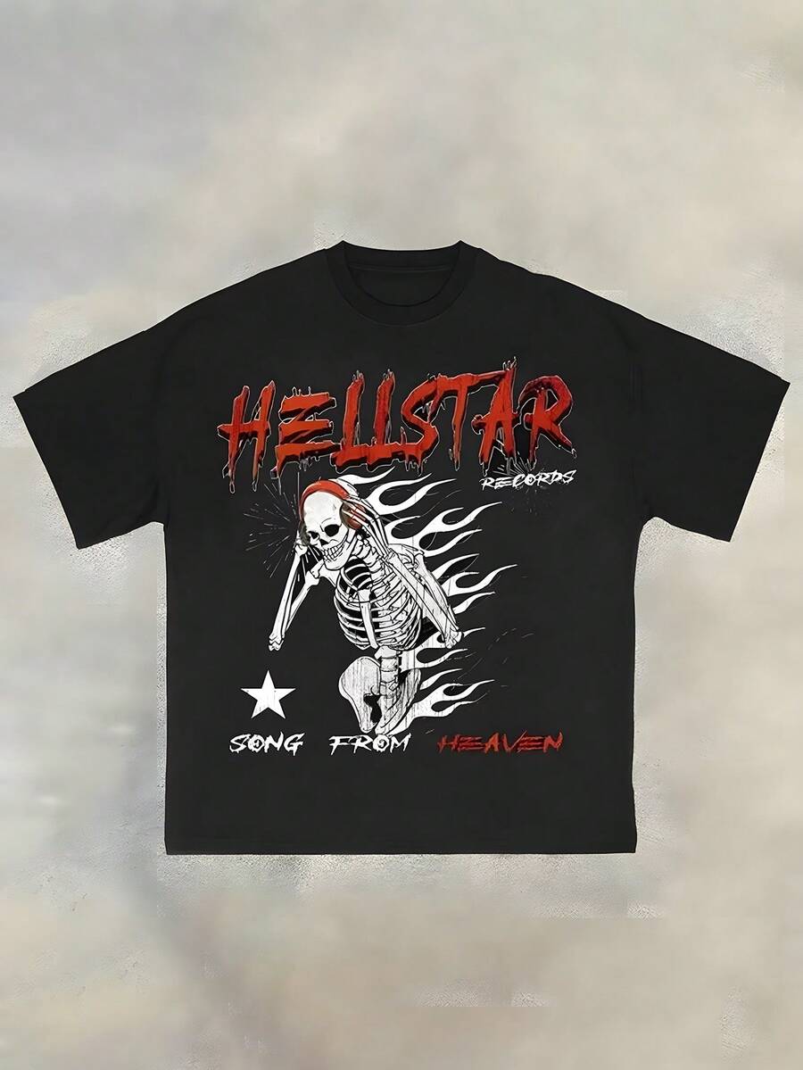HELL STAR Crew Neck T Shirt 100 Percent Cotton Heavyweight 250g Y2K Skeleton Flame Music Print Soft Breathable Summer 2026 New Unisex Gift For Him - 黑色 - 查看 1