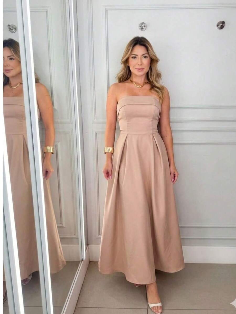 Women's Long Strapless Dress With Back Tie In Elegant Premium Tailoring - Mocha Brown - View 1