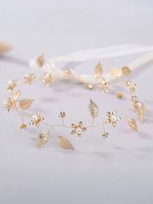 1pc Handmade Golden Pearl Flower Headband, Bridal Wedding Party Accessory - Gold - View 4