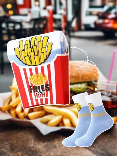 A Pair Of Highly Valuable Multicolor Mid-Calf Gift Socks, Available In Men's And Women's Styles, Perfect For Couples, Packaged In A Gift Box. Soft Novelty Fries Socks With Whimsical, Food-Inspired Creative Designs, Comfortable And Versatile, Ideal For Birthday Gifts, Valentine's Day, Easter, Ramadan, Dates, Family Gatherings