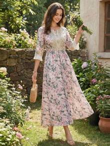 Elegant Arabian Floral Print Long Dress With Notched Ruffle Neck Three Quarter Regular Sleeves Fringe Detail And Appliques Woven Fabric Vacation Spring - Multicolor - View 6