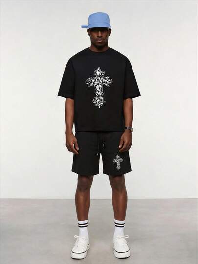 Voidago Men's Casual Letter Print Round Neck Short Sleeve T-Shirt And Shorts Set, Summer