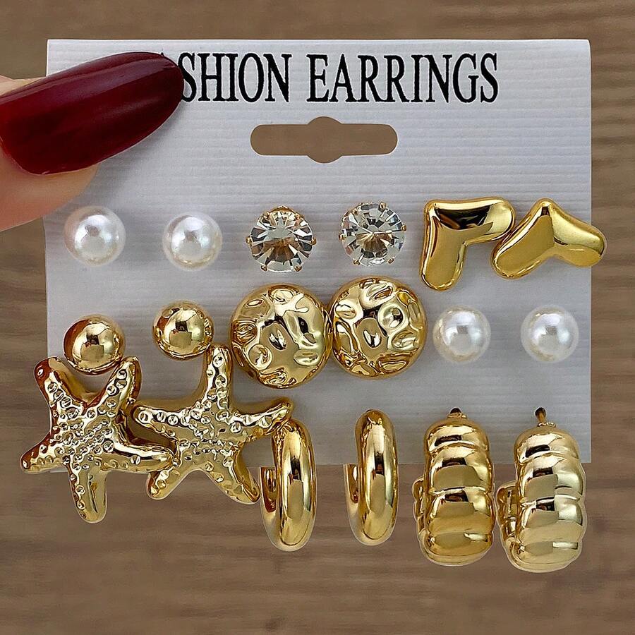 18pcs Sparkling Rhinestone & Pearl Embellished Heart, Starfish, C-Shape Earring Set, Luxury Minimalist Personalized Earrings Suitable For Daily Wear, 2026 Bestselling Design - Yellow Gold - View 1
