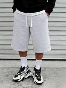 Men's Casual 3/4 Length Shorts, Suitable For Spring, Autumn And Summer, Sporty Style, Knitted Fabric Suitable For Campus, Skateboarding, Outfit - Light Grey - View 2