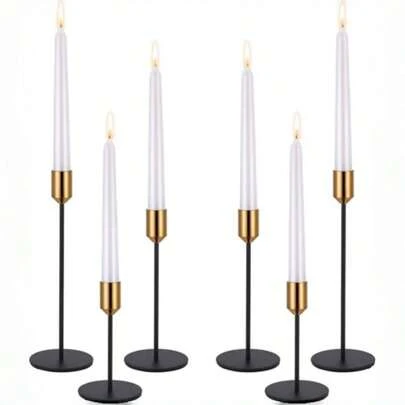 Bộ 6 chân nến, thích hợp cho nến trụ, chân nến trang trí hiện đại bằng đồng thau mạ vàng và đen cho bàn, lò sưởi, đám cưới, tiệc tối (Không bao gồm nến)