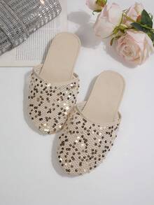 Sandal Selop Datar Berhiaskan Payet Terbaru untuk Musim Semi/Panas, Sandal Selop Modis Cocok untuk Dipakai di Dalam dan Luar Ruangan - Aprikot - View 5