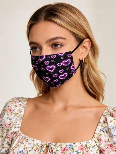 10/20/30pcs/Set Cute Purple Heart Print Face Masks - Elastic Breathable Black Masks, Suitable For Women & Teens, Washable, Fashionable Daily Accessory, Interesting Design, Comfortable To Wear
