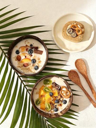 Bộ 2 bát vỏ dừa kèm thìa - Lý tưởng để đựng sữa chua, salad, cơm và các món tráng miệng - Đồ dùng nhà bếp thủ công