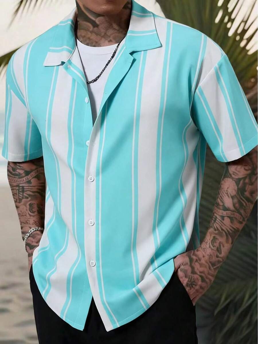 Casual Men's Short Sleeve Striped Shirt, Men's Clothing, Sky Blue & White, Summer - Blue and White - View 1
