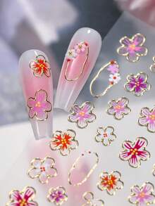 5D立体樱花美甲贴纸 | 金色轮廓花朵美甲可爱樱花贴花 | 6*8厘米自粘春季花朵美甲装饰（女士款） - 彩色 - 查看 4
