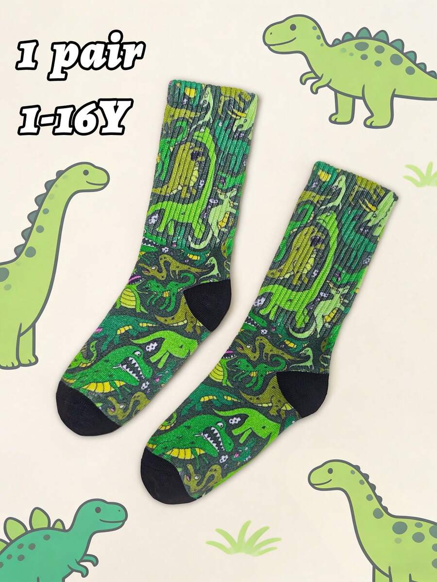 1 Pair Children's Cartoon Dinosaur Socks, Green, Suitable For Ages 1-16, High Elasticity Mid-Calf, Casual Sports Socks For Boys And Girls, Fashionable And Versatile, Spring/Summer/Autumn - 彩色 - 查看 1