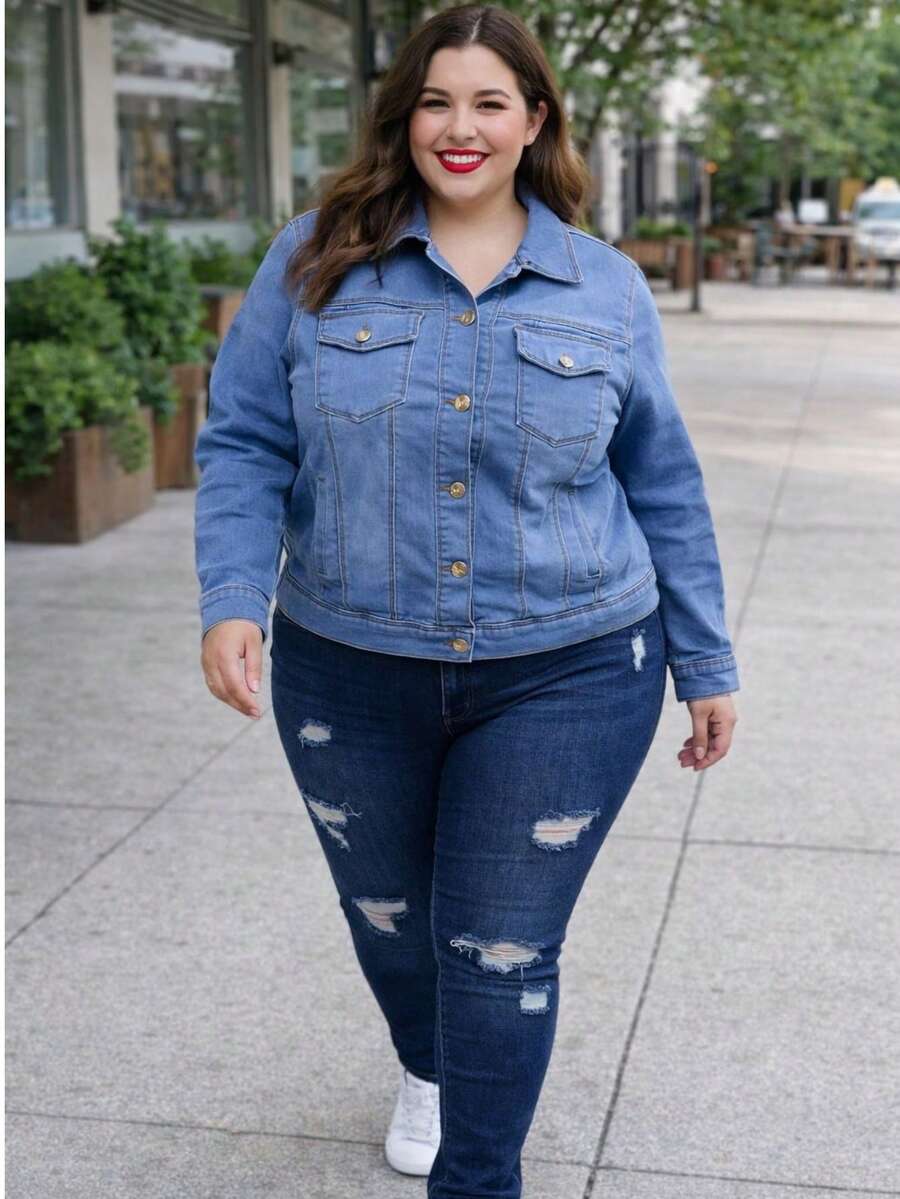 Chamarra de Mezclilla Casual Corte Clásico Talla Extra - Azul lavado medio - Ver 1