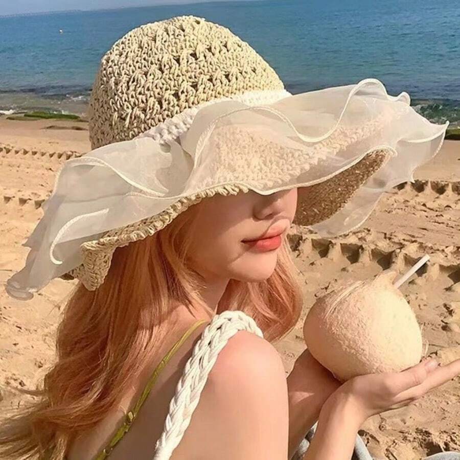 1pc Vacation Style Lace Wide Brim Straw Hat, Handmade Hollow Straw Weaving Craft, Paired With Flowing Organza Ruffle Trim, The Large Brim Design Effectively Blocks Sun And Flatters The Face, Breathable And Cool, Perfectly Suits Beach Lovers, Vacation Goers, Photo Enthusiasts For Summer Beach, Vacation, Commute, Exuding A Gentle Ethereal Vibe, A High-Value Sun Protection Accessory To Elevate Your Outfit.,Holiday,Travel - Multicolor - View 1