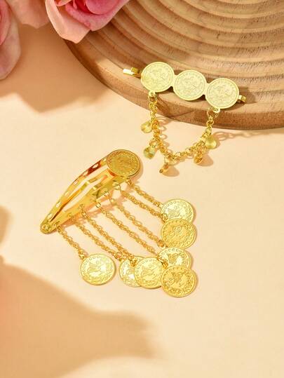 Arabic Style Women's Hair Accessories Hairpin Coin Shaped Design Minimalist Headpiece, All Season