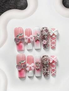10件套甜美个性化美甲套装，包含凝胶指甲、樱桃、丝带蝴蝶结、镂空星星、魔法棒、水钻和美甲装饰品，白色和粉色指甲油，奢华风格，附赠美甲工具（1个果冻贴纸+1个指甲锉），提供3种尺寸，适合杏仁形、鸭嘴形、棺材形指甲，适用于派对、日常佩戴、约会、工作等场合。 - 彩色 - 查看 16
