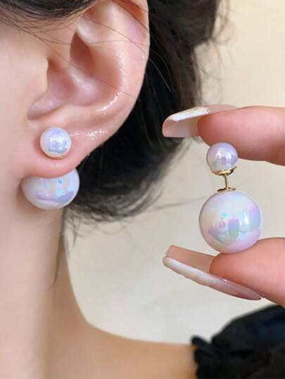 1 Pair Elegant Luxury Minimalist Versatile White Iridescent Faux Pearl Earrings, Suitable For Women's Daily And Holiday Wear
