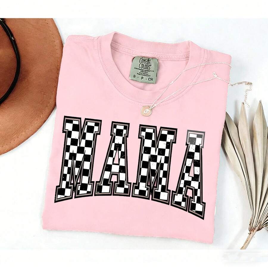 [100% Cotton] VPRNT  Checkered Mama Shirt Gift For Mom Retro Vintage Mom Shirt Summer Short Sleeve Tops - Unisex Women's & Men's Campus Daily Wear - 粉色 - 查看 1