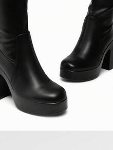 Women's Platform Chunky Heel Knee-High Boots Square Toe  Side Zipper Fashion Solid Color Y2K  Party Long Boots Shoes - 黑色 - 查看 8