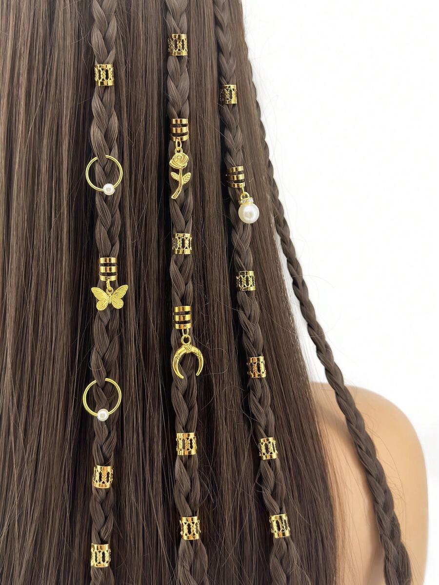 26件套优雅蝴蝶玫瑰珍珠发圈 - 浪漫可调节合金发箍，波西米亚风发饰，适合女士脏辫和编发 - 金色 - 查看 1