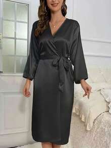 Áo choàng lụa satin nữ, đồ ngủ nhẹ nhàng gợi cảm, áo kimono dự tiệc cưới, áo choàng dài tay 3/4 bằng lụa, đồ ngủ cô dâu phù dâu cỡ S-XXL. - Nhiều màu - Xem 5