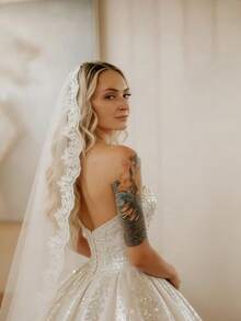 1pc Lace Trim Bridal Veil With Built-In Metal Hair Comb, Luxury White Retro Veil, Suitable For Photography, Valentine's Day Gift, Couple Matching - Multicolor - View 7