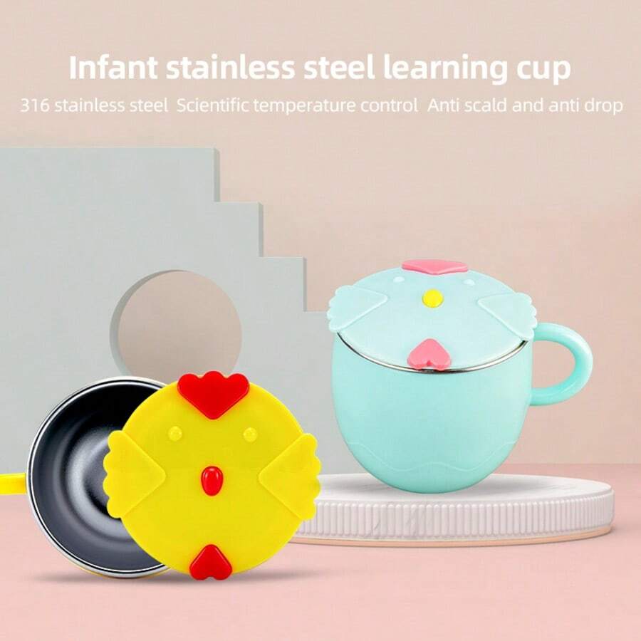 1pc Stainless Steel Double-Layer Insulated Baby Cup, Cute Chicken Design, Sealed Dust-Proof, With Handle Anti-Scald Anti-Leak Sippy Cup, Suitable For Daily Use - Multicolor - View 1