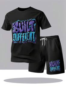 Camisetas Para Hombre Graphic Tees 2 Piece Set Men, Creative 3D Font Print T-Shirt And Shorts Two Piece Set, Breathable Comfortable Loungewear For Commute - màu đen - Xem 2