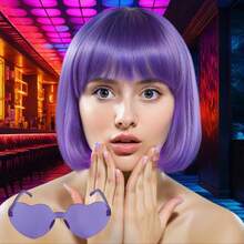 Cyberpunk Bob Wig & Glasses Set - 20+ Neon Colors With Adjustable Fringe | Multi-Tone Synthetic Hair For Cosplay, Rave, Halloween & Daily Bold Fashion (Hot Red/Lime Green/Orange/Light Pink/Plum Purple/Neon Blue/Neon Lilac/Golden Blonde/Black) - 淡紫色 - 查看 4