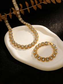 2pcs Hip-Hop Jewelry Set, Fully Iced-Out Cuban Link Necklace And Bracelet, Suitable Gift For Men And Women - Sugar Cube Chain 2-piece Set - View 1