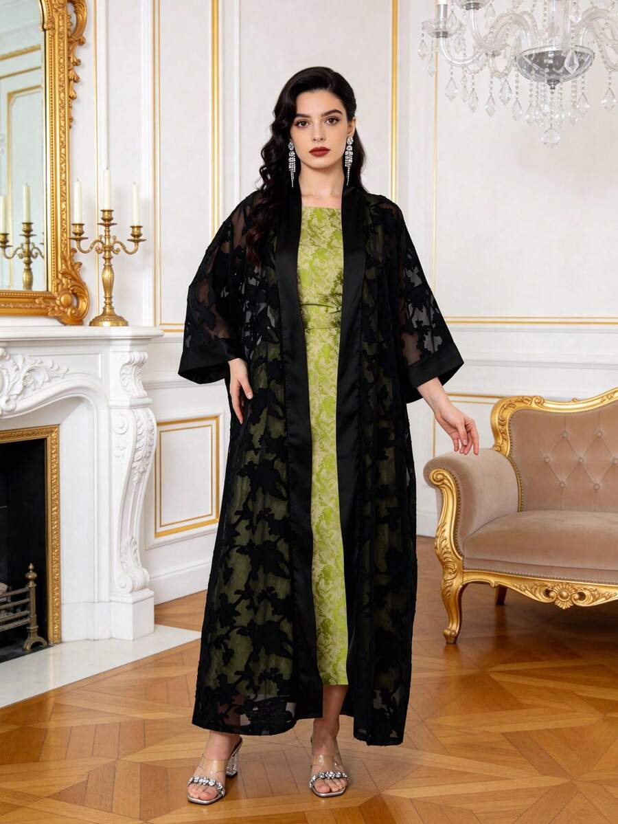 2026 New Style Ramadan Traditional Elegant Jacquard Fabric Arabic Women's Dress JALABIA Two Pieces Set, Collarless Belted Sleeveless Robe, Black & Green