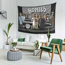 Tapestry 1pc SnoopGangTapestry Homies Wall Hanging Tapestry - Urban Street Art Design With Vintage Car & Brick Wall Graffiti, High-Quality Peach Light Beige Fabric, Horizontal Wall Decor For Bedroom, Office, Party - Perfect Gift For Hip-Hop Fans, Office Artwork, Cartoon Style Graphic, Sleek Texture - Black - View 2