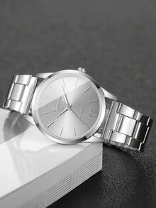 4件套女士时尚休闲罗马数字表盘优雅石英表+手链，不含表盒 - 銀色 - 查看 7