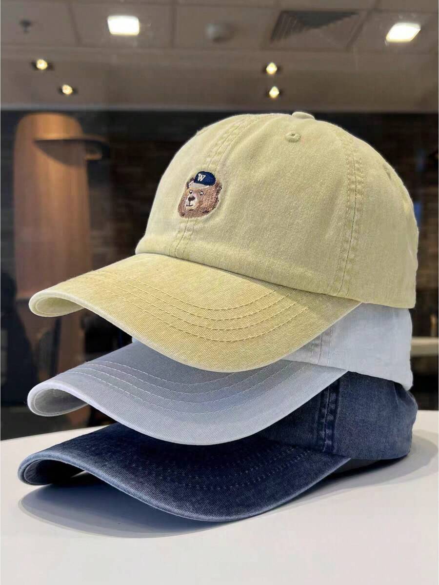 可爱卡通熊刺绣软顶棒球帽，全新宽檐设计，让脸看起来更小，男女皆宜，适合春夏佩戴 - 均碼 - 查看 1