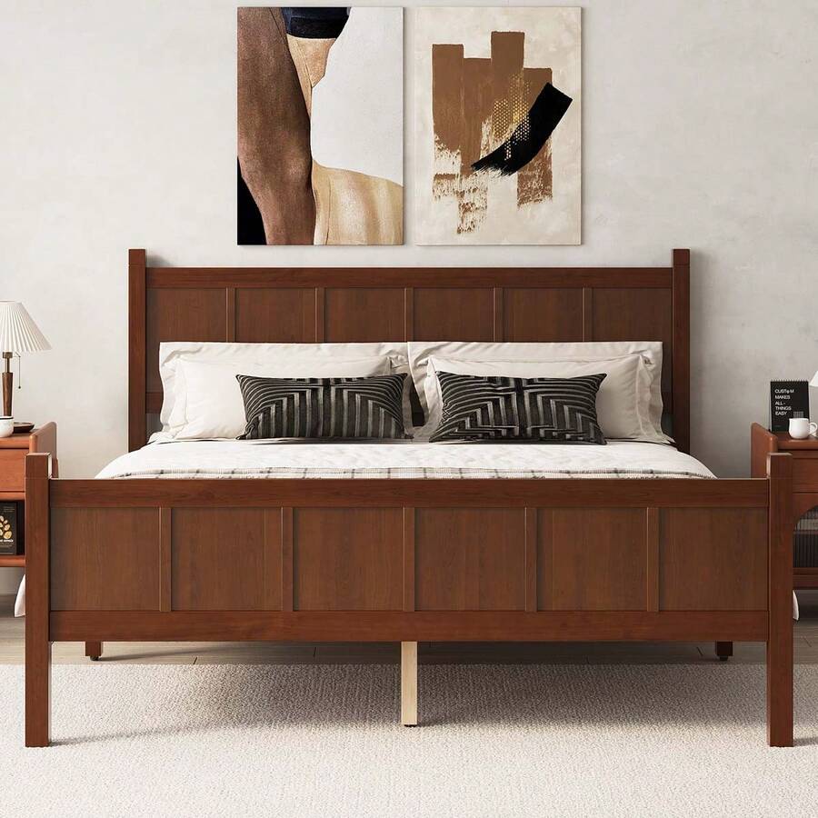 MERAX Queen Size Flat Panel Bed With Headboard & Footboard, Minimalist Modern Platform Bed With Wood Grain Finish, Shaker And Farmhouse Style Design, Sleek And Functional Bedroom Furniture,Dark Walnut - Màu gỗ óc chó đậm (kích thước Queen) - Xem 1