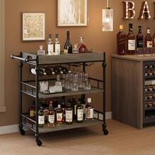 Carrito de barra de metal de 3 niveles - estante de vino, soporte de vidrio, bandeja extraíble - carro móvil de servicio de metal para cocina, comedor, sala de estar, bar de casa - Gris - Ver 8