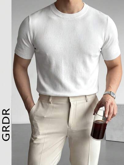  Suéter de punto de cuello redondo de unicolor para hombre GRDR, versátil para primavera/otoño