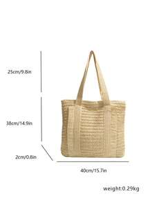 Bolso de paja de moda clásica, bolso de hombro minimalista casual de gran capacidad - Beis - Ver 4