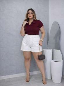 T-Shirt, Polo Shirt, Ribbed Cotton Shirt, Comfortable, Elegant, Everyday Casual, Plus Size. - 紅木色 - 查看 3