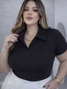 T-Shirt, Polo Shirt, Ribbed Cotton Shirt, Comfortable, Elegant, Everyday Casual, Plus Size. - Black - View 1