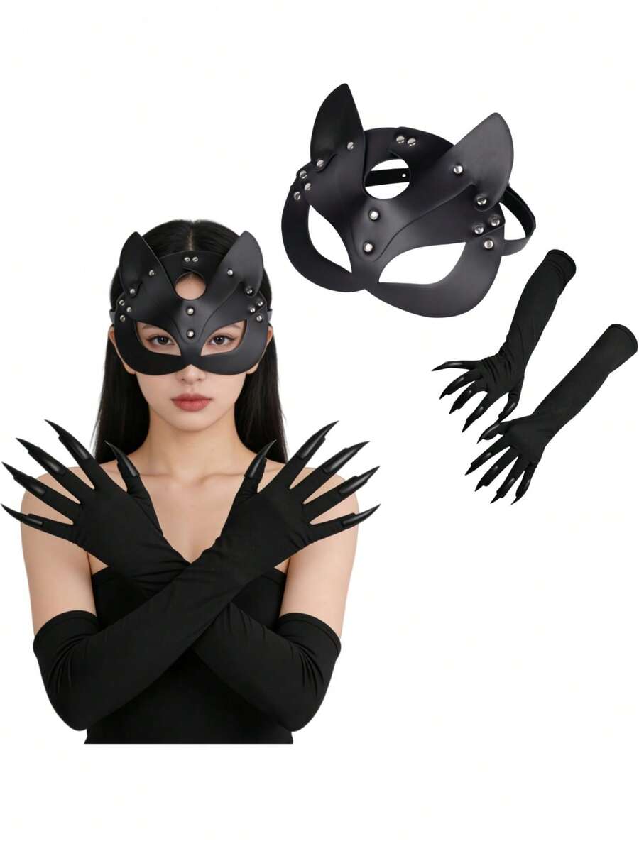 Máscara de gato de media cara + Guantes con garras largas, accesorio de disfraz para fiesta de Halloween, ambiente de discoteca - Multicolor - Ver 1