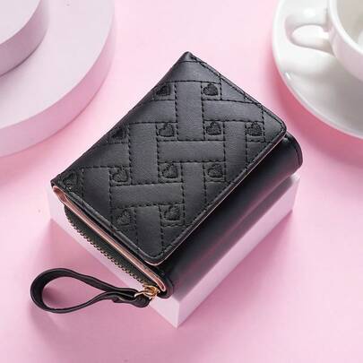 Billetera corta de mujer, monedero versátil y de moda con bordado de corazón, adecuado para uso diario