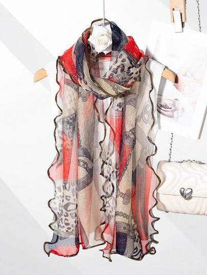 1pc Women's Leopard Print Chain & Golden Wave Hem Silk Scarf, Retro Luxury Versatile Decorative Scarf