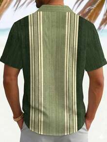 Retro Geometric Bowling Colorblock Textured Print Men's Lightweight Loose Button Pocket Short Sleeve Shirt - Dark Green - View 2