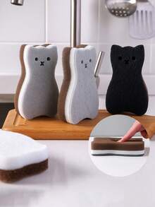 2/4/12件装厨房海绵清洁刷,可爱猫咪造型清洁海绵套装,洗碗清洁工具,厨房配件,专用于锅碗瓢盆,防刮海绵 - 多色 - 查看 5