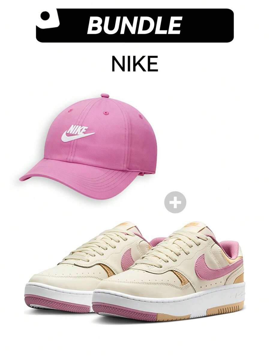 Nike 休闲运动鞋和棒球帽套装，女士透气轻便多功能吸汗休闲运动日常穿搭组合 DX9176-005+FB5368-699 - 淺黃色/粉紅色-粉紅色 - 查看 1