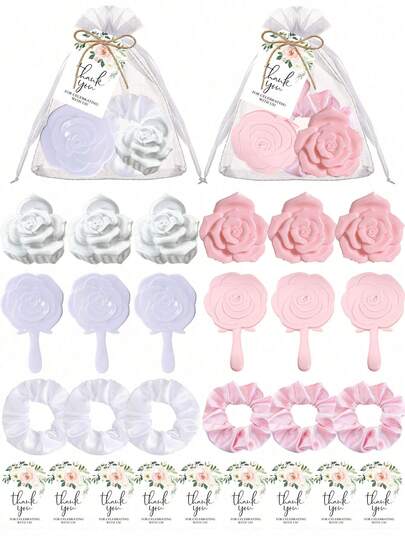 18/6pcs Wedding Party Gift Set, Elegant Favor Set, Party Decorations, Includes Flower Hair Clips, Flower Hand Mirrors, Hair Scrunchies, Thank You Cards, White Organza Bags, Bridesmaid Gifts, Party Favors, Suitable For Wedding, Birthday, Bridal Shower Gifts For Coworkers, Friends And Family